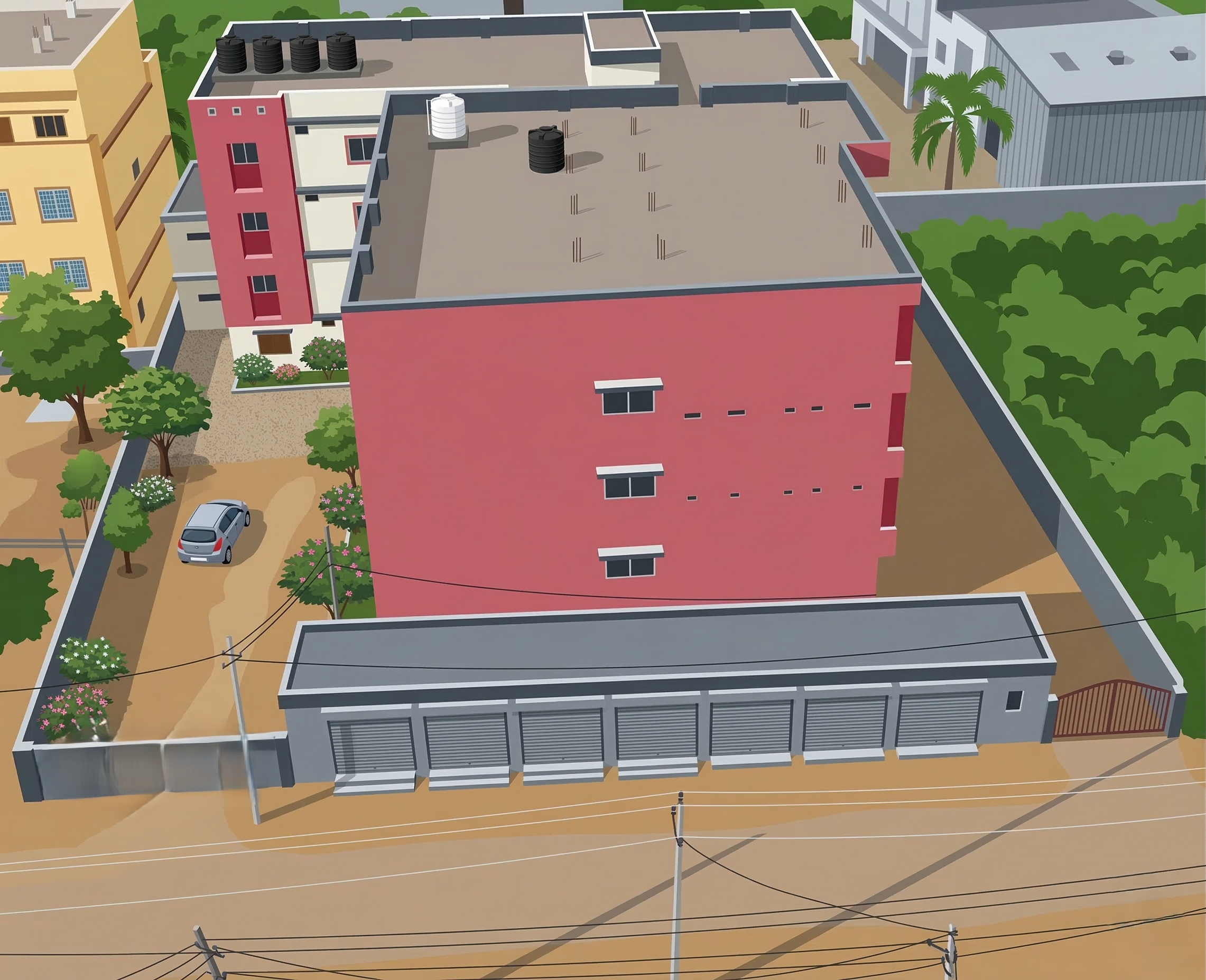 Main entrance and road view